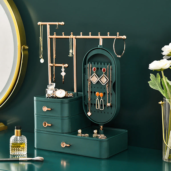 Elegant Green Jewelry Organizer With Mirror Multi Layer Stand (25X15x37.5Cm) Storage & Display