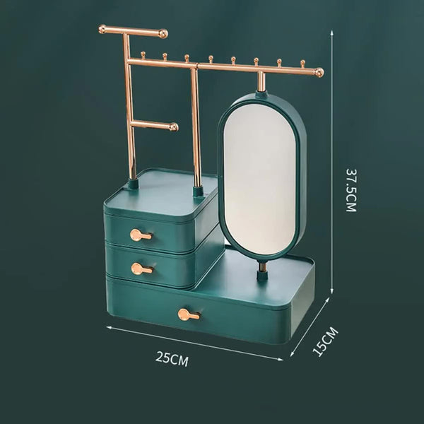 Elegant Green Jewelry Organizer With Mirror Multi Layer Stand (25X15x37.5Cm) Storage & Display