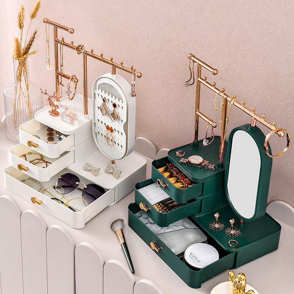 Elegant White Jewelry Organizer With Mirror Multi Layer Stand (25X15x37.5Cm) Storage & Display