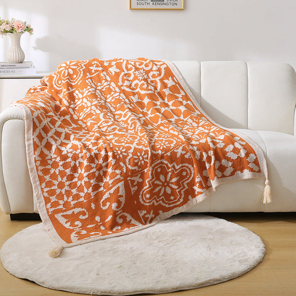 Bohemian Style Sofa Throw Blanket Orange Soft Faux Cashmere 130X170cm (850G) For Office Naps & Ac Cover Blankets