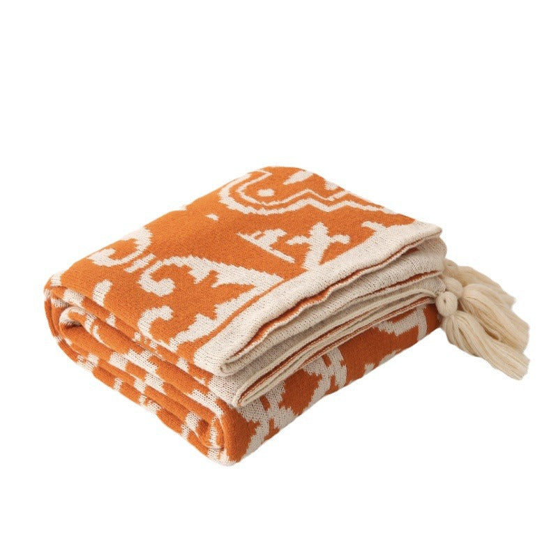 Bohemian Style Sofa Throw Blanket Orange Soft Faux Cashmere 130X170cm (850G) For Office Naps & Ac Cover Blankets