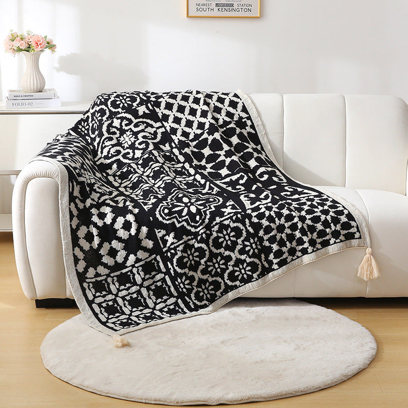 Bohemian Style Sofa Throw Blanket Black Soft Faux Cashmere 130X170cm (850G) For Office Naps & Ac Cover Blankets