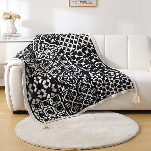 Bohemian Style Sofa Throw Blanket Black Soft Faux Cashmere 130X170cm (850G) For Office Naps & Ac Cover Blankets