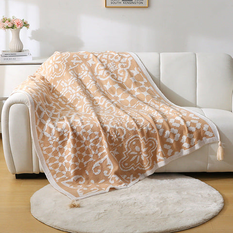 Bohemian Style Sofa Throw Blanket Apricot Soft Faux Cashmere 130X170cm (850G) For Office Naps & Ac Cover Blankets