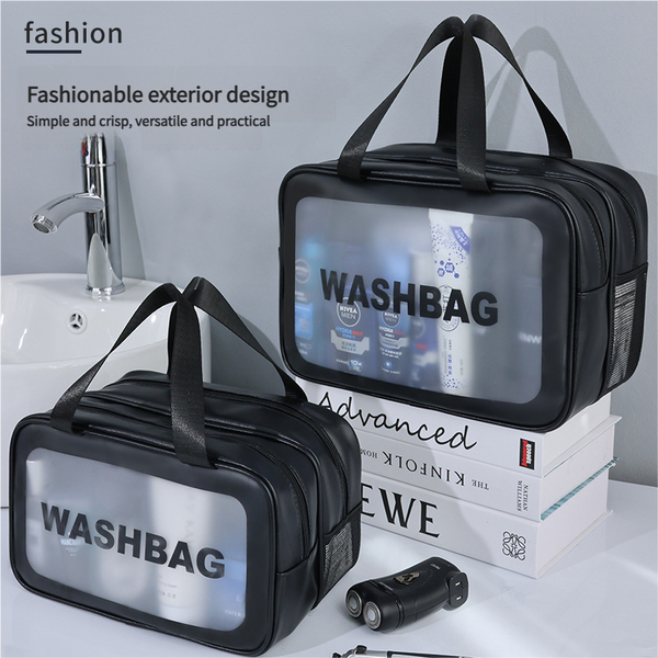 2Pcs Dual Layer Transparent Pu Cosmetic Pouch Wet And Dry Separation Large Size(31*15*20Cm) Milk Apricot White Makeup Bags & Cases