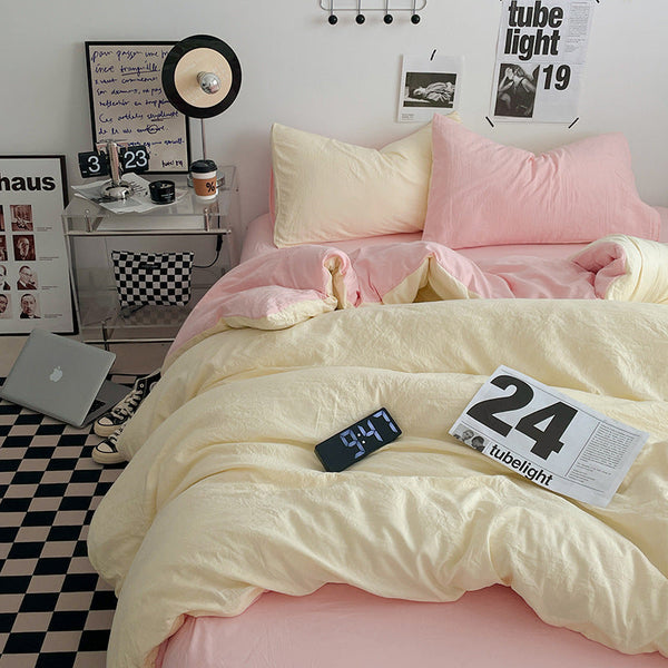 Pink Yellow 1.5M Bed Fitted Sheet Set With 200X230cm Duvet Cover 4 Piece Bedding Sheets