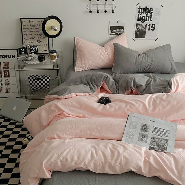 Pink Grey 1.5M Bed Fitted Sheet Set With 200X230cm Duvet Cover 4 Piece Bedding Sheets