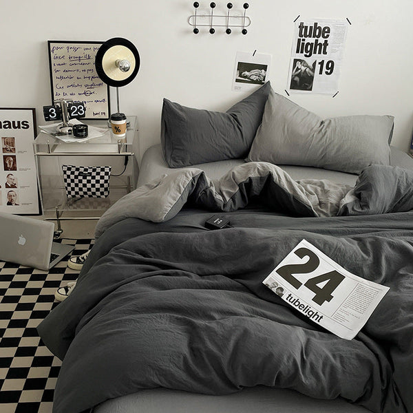 Grey 1.5M Bed Fitted Sheet Set With 200X230cm Duvet Cover 4 Piece Bedding Sheets