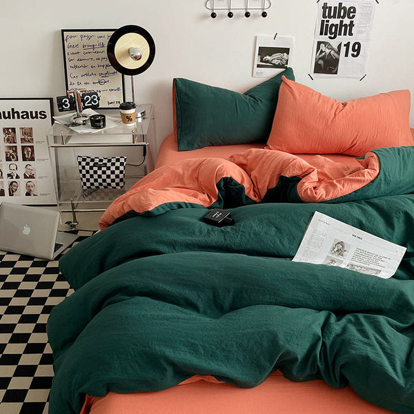 Orange Green 1.5M Bed Fitted Sheet Set With 200X230cm Duvet Cover 4 Piece Bedding Sheets