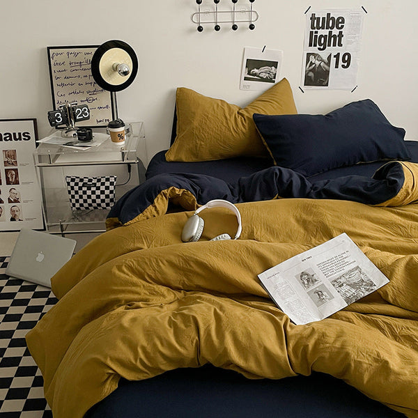 Elosung Yellow Black 1.5M Bed Fitted Sheet With 200X230cm Duvet Cover 4 Piece Bedding Sheets