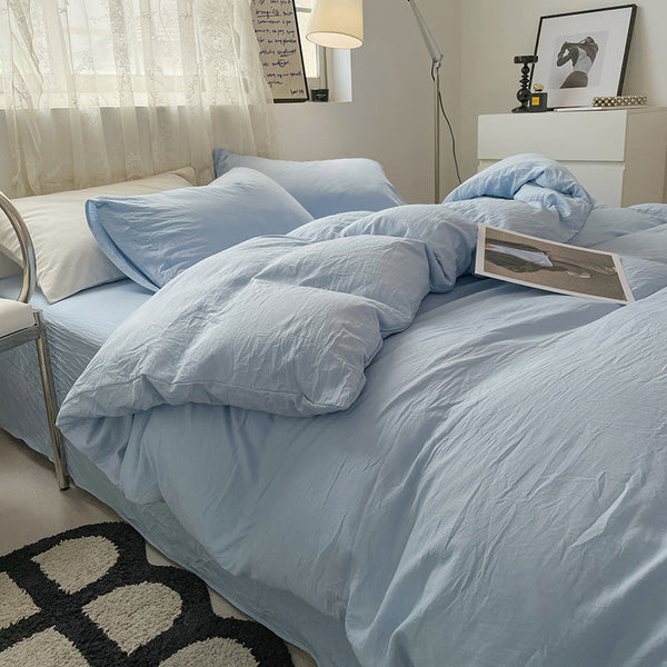 Blue Solid Color 1.5M Bed Fitted Sheet Set With 200X230cm Duvet Cover 4 Piece Bedding Sheets