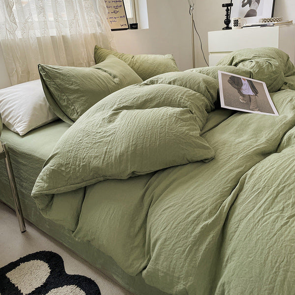 Green Solid Color 1.5M Bed Fitted Sheet Set With 200X230cm Duvet Cover 4 Piece Bedding Sheets