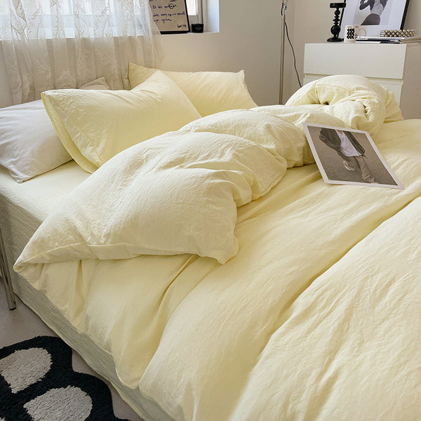 Light Yellow Solid Color 1.5M Bed Fitted Sheet Set With 200X230cm Duvet Cover 4 Piece Bedding Sheets