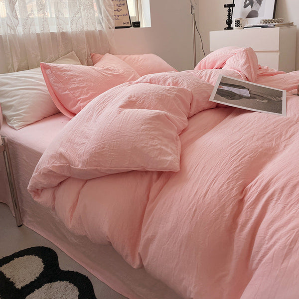 Elosung 1 Sets Of Pink Solid Color 1.5M Bed Fitted Sheet With 200X230cm Duvet Cover 4 Piece Bedding Sheets