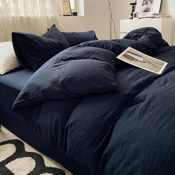 Navy Blue Solid Color 1.5M Bed Fitted Sheet Set With 200X230cm Duvet Cover 4 Piece Bedding Sheets