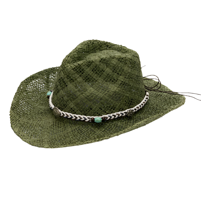 Green Handmade Straw Cowboy Hat Summer Sun Outdoor Protection Fits Head Size 58 59Cm Hats & Headwear