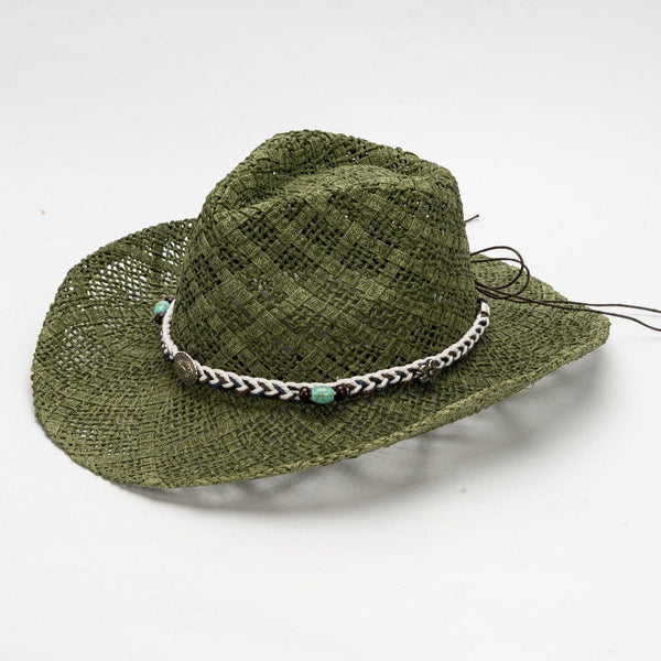 Green Handmade Straw Cowboy Hat Summer Sun Outdoor Protection Fits Head Size 58 59Cm Hats & Headwear