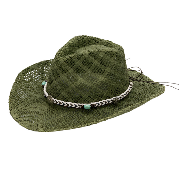 Green Handmade Straw Cowboy Hat Summer Sun Outdoor Protection Fits Head Size 58 59Cm Hats & Headwear