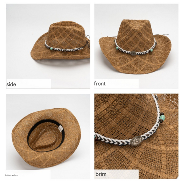 Camel Handmade Straw Cowboy Hat Summer Sun Outdoor Protection Western Style Fits Head Size 58 59Cm Hats & Headwear