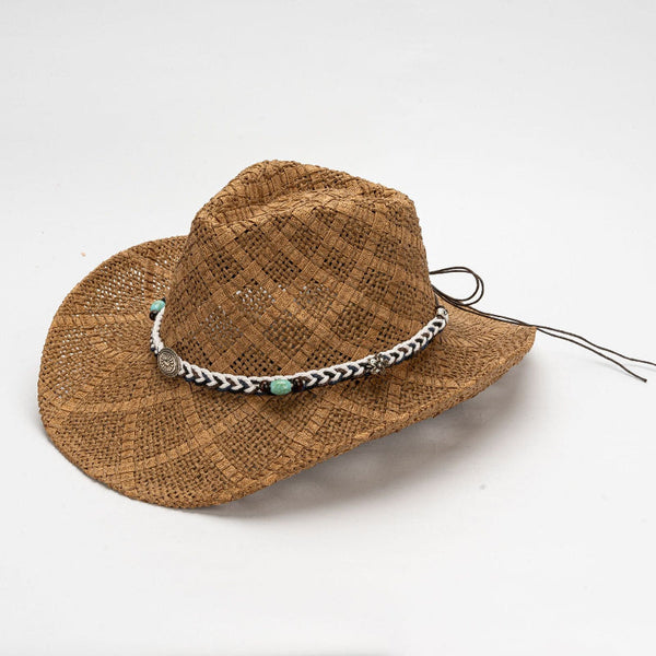 Khaki Handmade Straw Cowboy Hat Summer Sun Outdoor Protection Fits Head Size 58 59Cm Hats & Headwear