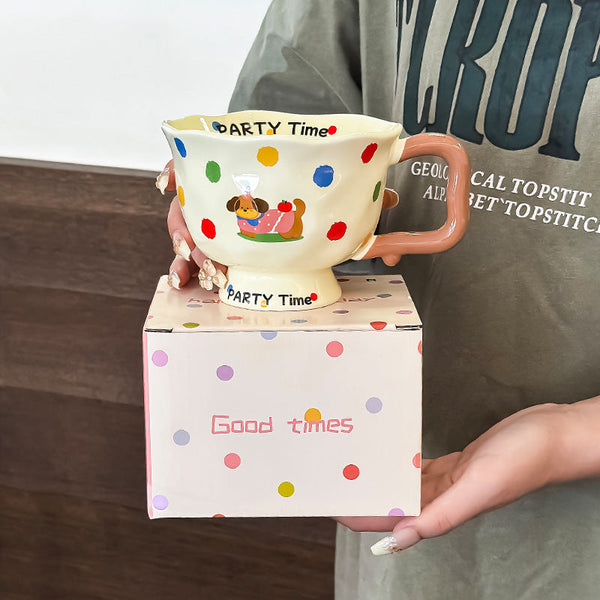 Polka Dog Kitten Cute Ceramic Mug For Women 370Ml Kawaii Coffee Tea Cup Home Use Mugs
