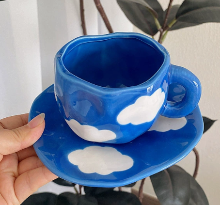 Blue Sky White Clouds 300Ml Underglaze Hand Pinched Cup Saucer Set Ceramic Coffee Mug Milk Breakfast Cups & Saucers