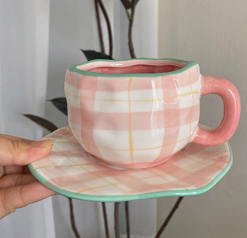 Pink Plaid 300Ml Underglaze Hand Pinched Cup Saucer Set Ceramic Coffee Mug Milk Breakfast Cups & Saucers