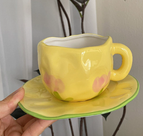 Yellow Tulip 300Ml Underglaze Hand Pinched Cup And Saucer Set Ceramic Coffee Mug Milk Breakfast Cups & Saucers