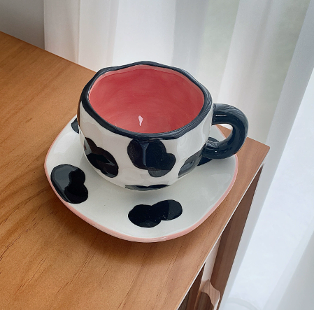 Milk Cow 300Ml Underglaze Hand Pinched Cup Saucer Set Ceramic Coffee Mug Cups & Saucers
