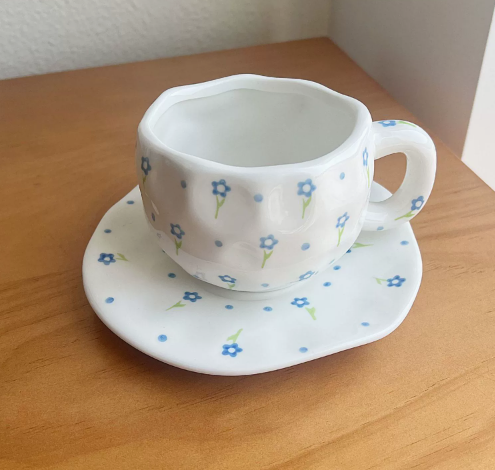 White With Small Blue Fowers 300Ml Underglaze Hand Pinched Cup And Saucer Set Ceramic Coffee Mug Milk Breakfast Cups & Saucers
