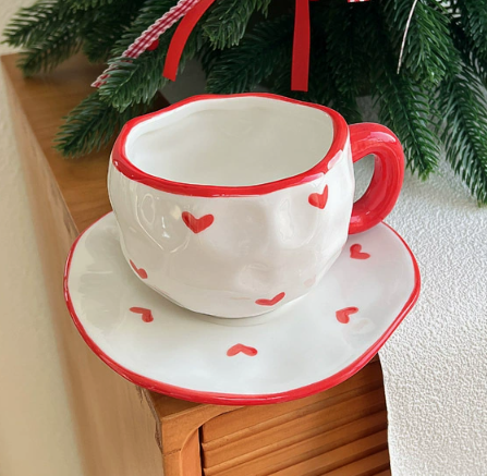 300Ml Red Edge Love Underglaze Hand Pinched Cup And Saucer Set Ceramic Coffee Mug Milk Cups & Saucers