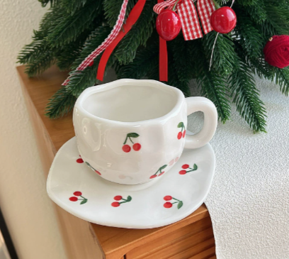 300Ml Red Cherry Underglaze Hand Pinched Cup And Saucer Set Ceramic Coffee Mug Milk Cups & Saucers