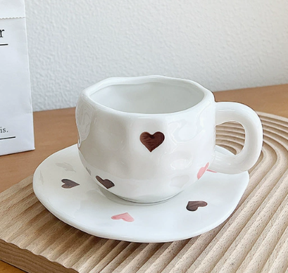 Two Color Love 300Ml Underglaze Hand Pinched Cup Saucer Set Ceramic Coffee Mug Milk Breakfast Cups & Saucers