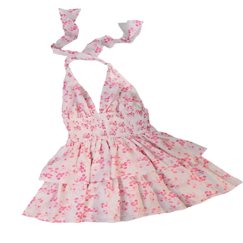 Pink Chic Floral Halter Mini Dress Ruffled Hem Open Back Perfect For Vacation Size Dresses