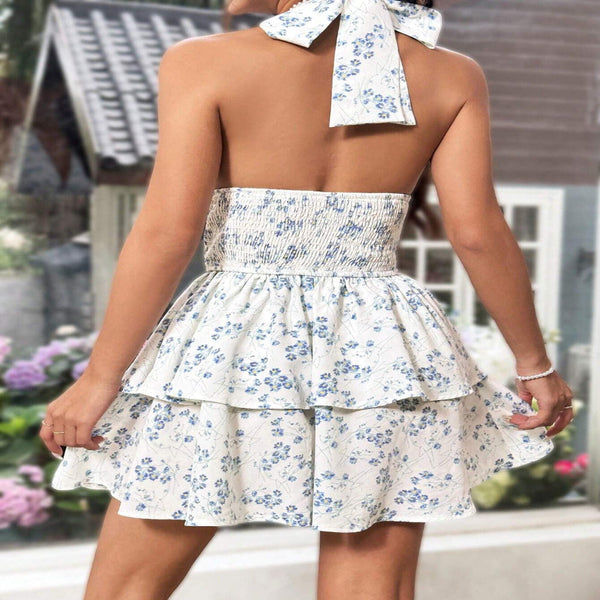 Pink Chic Floral Halter Mini Dress Ruffled Hem Open Back Perfect For Vacation Size Dresses