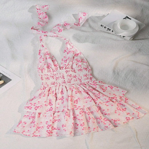 Elosung Pink Chic Floral Halter Mini Dress Ruffled Hem Open Back Summer Vacation Dresses