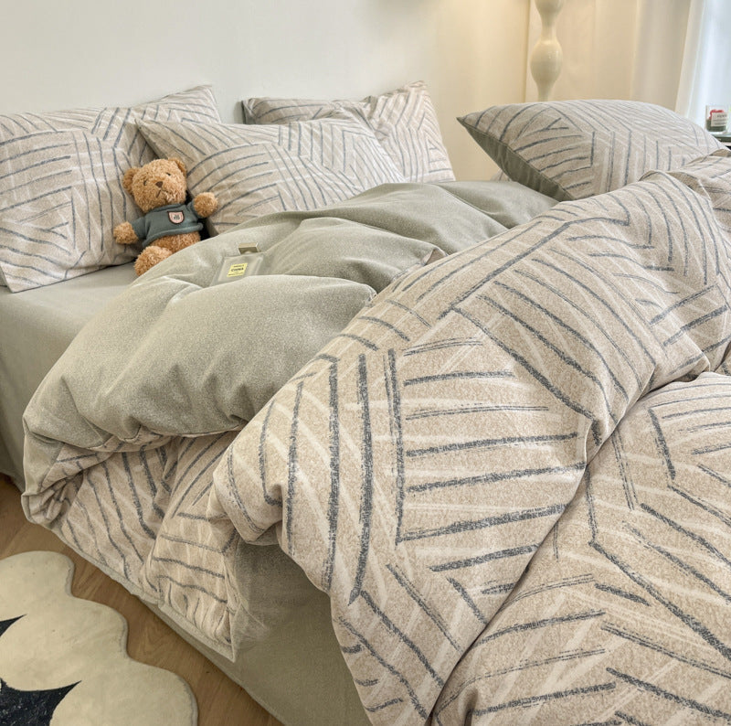 Pinstripe Thick Brushed Cotton 4 Piece Bed Sheet Set 1.5M Fits 200X230cm Duvet Quilt Covers