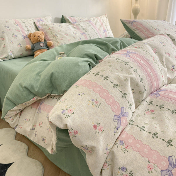 Elosung Sugar Bunny Girl Thick Brushed Cotton 4 Piece Bed Sheet 1.5M Fits 200X230cm Duvet Quilt Covers