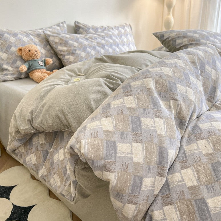 Striped Checkered Pattern Thick Brushed Cotton 4 Piece Bed Sheet Set (1.5M Bed) Fits 200X230cm Duvet Quilt Covers