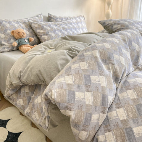 Striped Checkered Pattern Thick Brushed Cotton 4 Piece Bed Sheet Set (1.5M Bed) Fits 200X230cm Duvet Quilt Covers