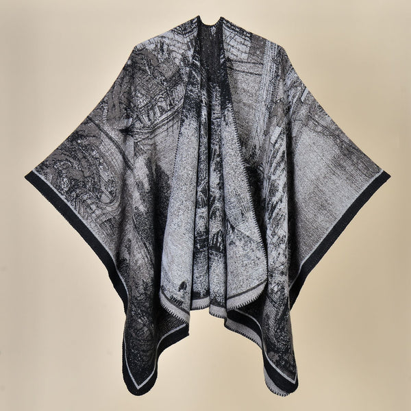 Jiangnan Water Town Elegant Autumn Winter Shawl Artistic Split Design Knit Cloak With Oil Painting Style Scarves & Wraps