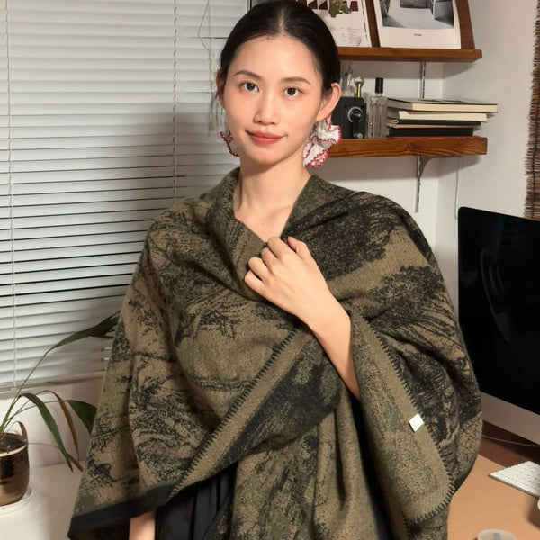 Jiangnan Waterfront Green Camel Elegant Autumn Winter Shawl Artistic Split Design Knit Cloak With Oil Painting Style Scarves & Wraps