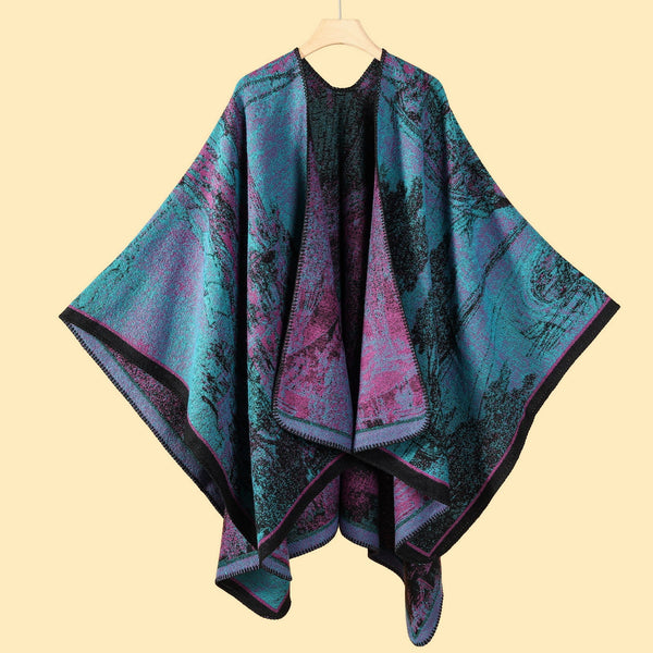Jiangnan Waterfront Purplish Blue Elegant Autumn Winter Shawl Artistic Split Design Knit Cloak With Oil Painting Style Scarves & Wraps