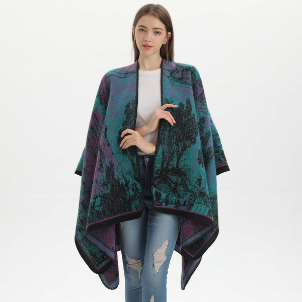 Jiangnan Waterfront Purplish Blue Elegant Autumn Winter Shawl Artistic Split Design Knit Cloak With Oil Painting Style Scarves & Wraps