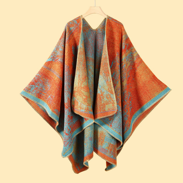 Jiangnan Waterfront Orange Blue Elegant Autumn Winter Shawl Artistic Split Design Knit Cloak With Oil Painting Style Scarves & Wraps