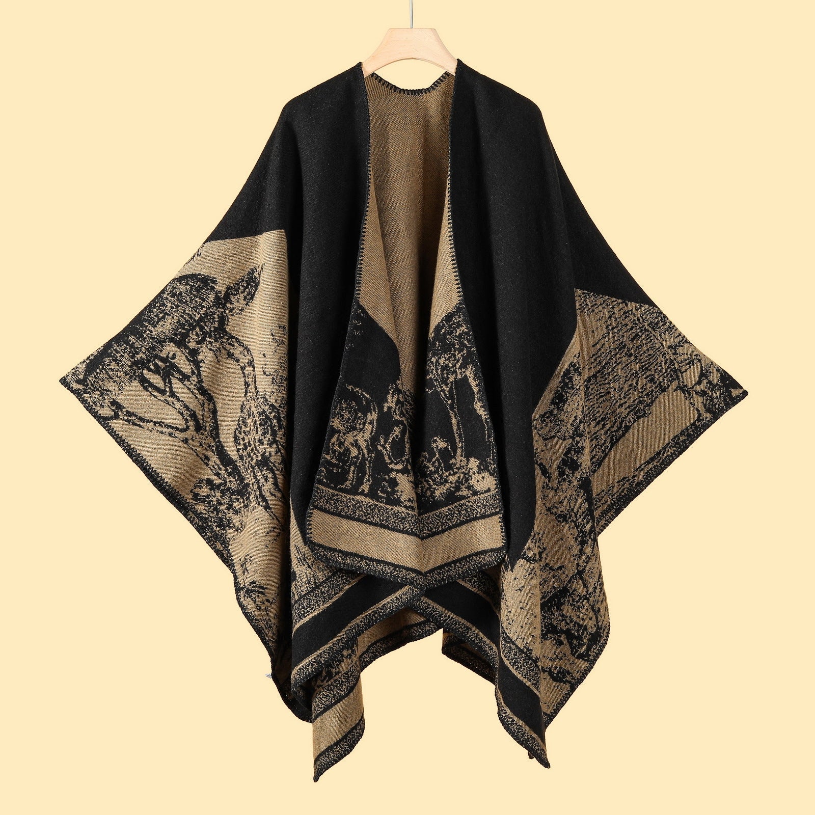 Mountain Fawn Black Camel Elegant Autumn Winter Shawl Artistic Split Design Knit Cloak With Oil Painting Style Scarves & Wraps