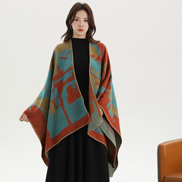 Elosung Graffiti Blurs City Orange Elegant Autumn Winter Shawl Artistic Split Design Knit Cloak With Oil Painting Style Scarves & Wraps