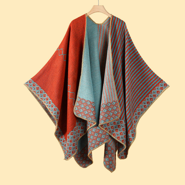 Elosung New Stripe Fish Scale Orange Elegant Autumn Winter Shawl Artistic Split Design Knit Cloak With Oil Painting Style Scarves & Wraps