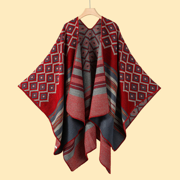 Diamond Colour Stripe Rose Elegant Autumn Winter Shawl Artistic Split Design Knit Cloak With Oil Painting Style Scarves & Wraps