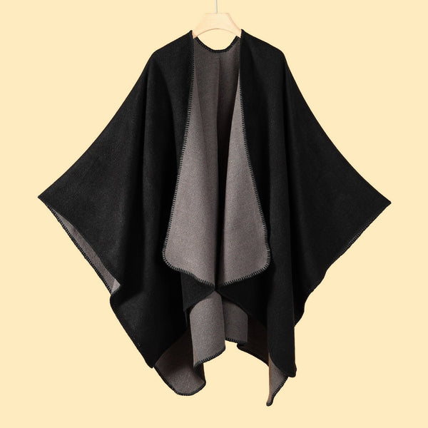 Double Sided Black Elegant Autumn Winter Shawl Artistic Split Design Knit Cloak With Oil Painting Style Scarves & Wraps
